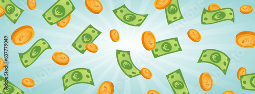 Bannière de pièces et billets d'euros qui volent - Argent en espèces - Illustrations vectorielles éditables - Pièces de monnaie - Billets de banque - Argent liquide - Finance - Investissement - Riche