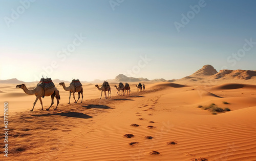 5 Magnificent Camels Gracefully Striding Through The Arid Desert Landscape AI Generative