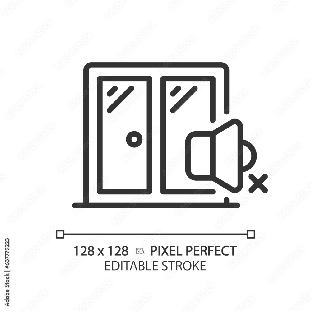 2D pixel perfect editable soundproof windows black icon, isolated vector, soundproofing thin line illustration. 2D pixel perfect editable soundproof windows black icon, isolated vector, soundproofing thin line illustration.