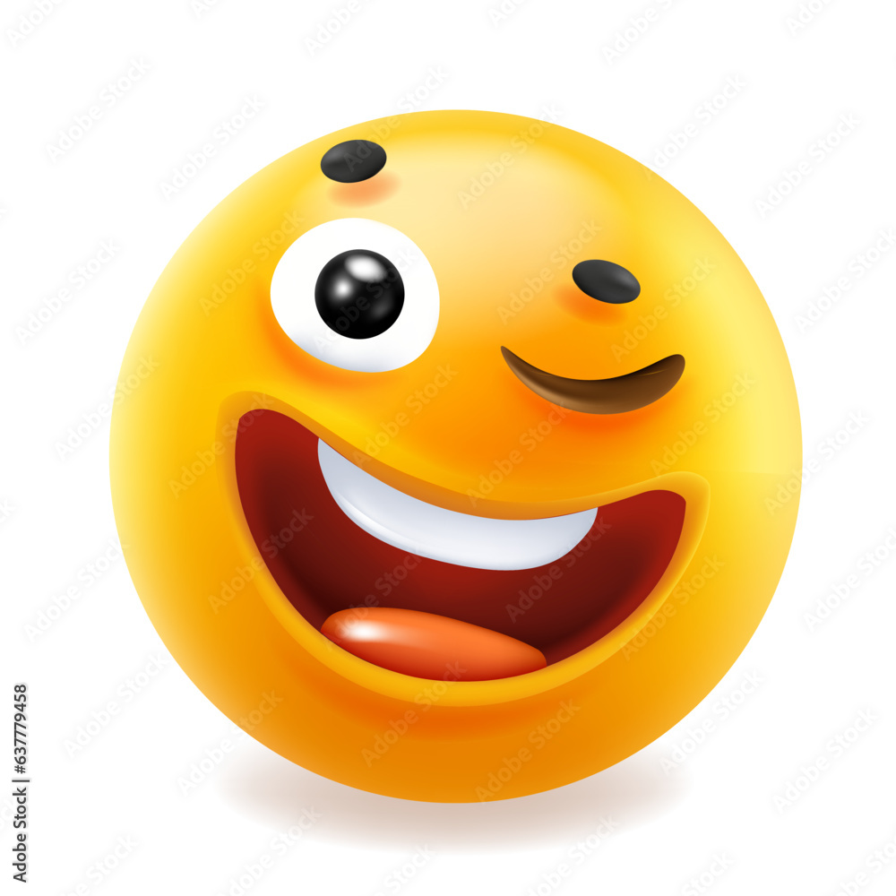 Fototapeta premium Vector illustration of happy fun yellow color smile emoticon with open mouth and wink eye. 3d style design of funny laugh emoji