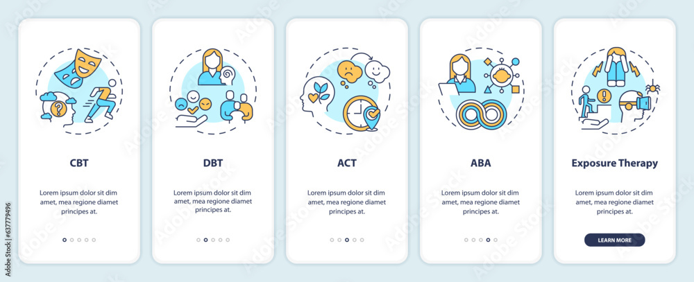 2D icons representing behavioral therapy mobile app screen set. Walkthrough 5 steps multicolor graphic instructions with linear icons concept, UI, UX, GUI template. 2D icons representing behavioral therapy mobile app screen set. Walkthrough 5 steps multicolor graphic instructions with linear icons concept, UI, UX, GUI template.