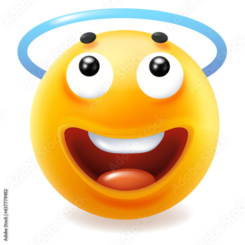 3d vector style design of funny wide smile emoji with nimbus for social media. Vector cool illustration of happy fun yellow color emoticon with red tongue and tooth