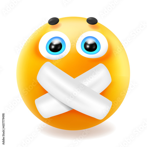 3d style design of funny emoji with mouth with cross patch for social media. Vector illustration of sad fun yellow color smile emoticon with close mouth