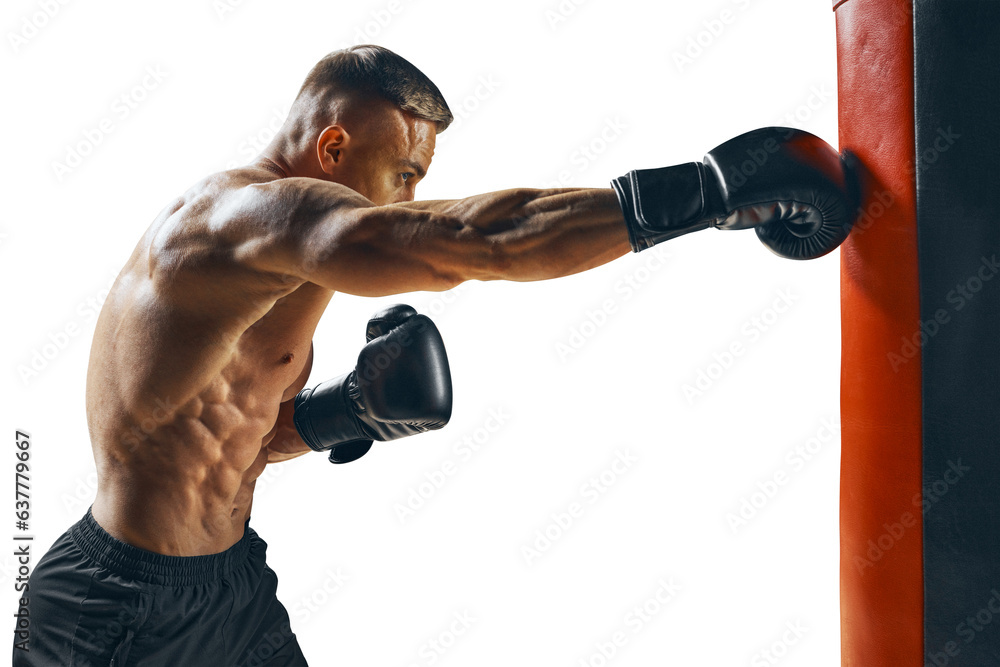 Fototapeta premium Mae shirtless Boxer or MMA fighter training, fight. Isolated PNG photo