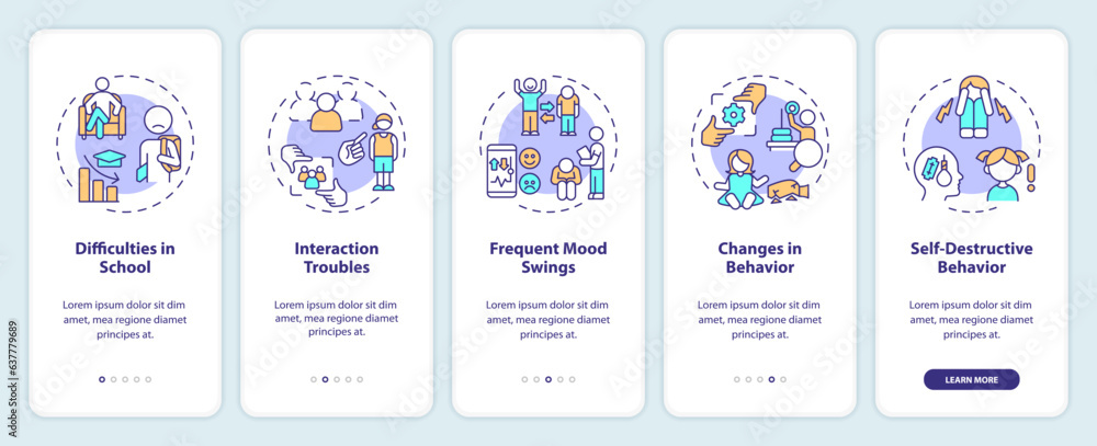 2D icons representing behavioral therapy mobile app screen set. Walkthrough 5 steps colorful graphic instructions with line icons concept, UI, UX, GUI template.