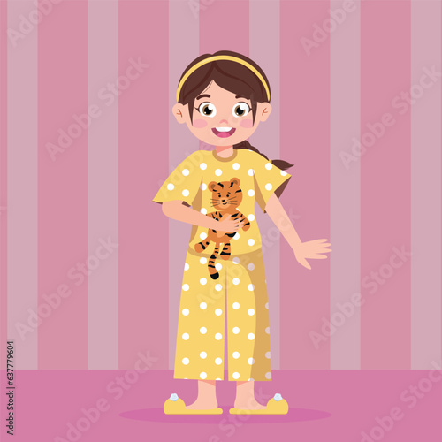 Girl in pajamas. Cute Little Girl in pajamas. Getting Ready to Bedtime.  Vector Illustration. Girl with toy in pajamas