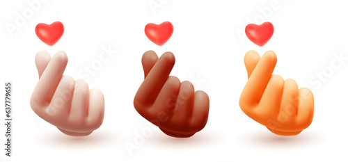 Vector set of illustration of male hand gesture sign i love you with red heart on white color background. 3d mesh style emoji design of man black and white skin hand