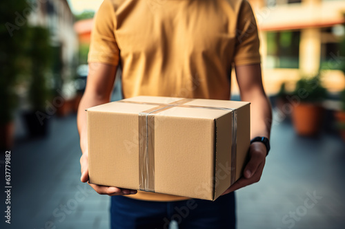 Efficient Delivery Service Young Delivery Man Proudly Holding a Cardboard Box. created with Generative AI