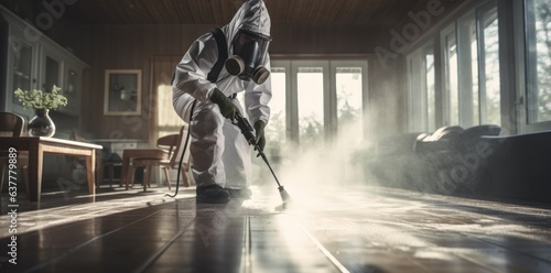 A guy from the pest control service in a mask and a white protective suit sprays poisonous gas.
