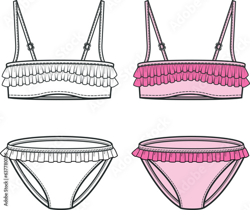 Ruffle detail bikini, Pink Swimsuit, Swimwear Technical Drawings, Swimwear fashion flat Sketch vector illustration
