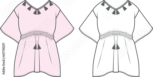 Top Fashion Flat Sketch with Embellishments. Apparel Design Template, T SHIRT Design Fashion technical drawings with tassel ornament detail
