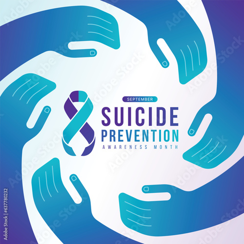 Suicide prevention awareness month text and Teal purple ribbon sign in hands hope and care circle around vector design
