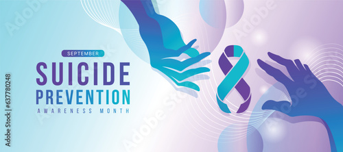 September Suicide prevention awareness month - Teal purple hand to hand with care and connection to give hope on abstract lines blend curve and light around vector design