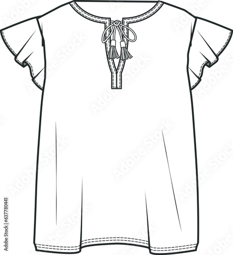 Top Fashion Flat Sketch with Embellishments. Apparel Design Template, T SHIRT Design Fashion technical drawings with tassel ornament detail