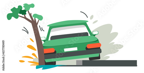 Car hit tree, accident or crash on road vector