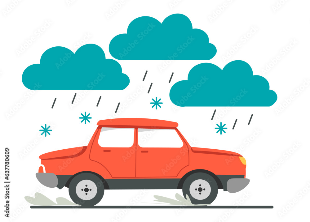 Snowing and raining, slippery road for vehicle Snowing and raining, slippery road for vehicle
