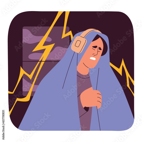 Brontophobia, phobia of thunderstorm concept. Scared person hid under blanket with headphones from lightning, thunder. Irrational suffer, psychology of fear, mental disorders. Flat vector illustration