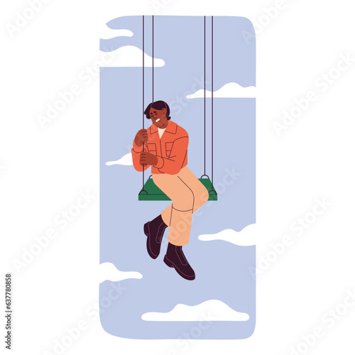 Acrophobia, phobia of height concept. Scared person sit on swing in sky around clouds, holding fast, afraid and panic. Irrational suffer, psychology of fear, mental disorders. Flat vector illustration
