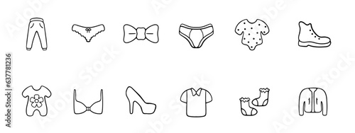 Clothing line icon. Down jacket, jacket, glasses, sandals, coat, dress, jumpsuit. Vector black line icon on white background for Business