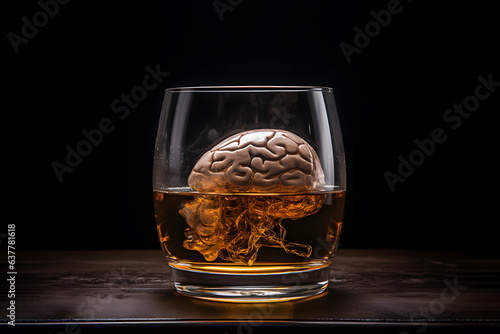 The human brain in a glass of alcohol is on the table. Bad effects of alcohol on the brain and health. photo