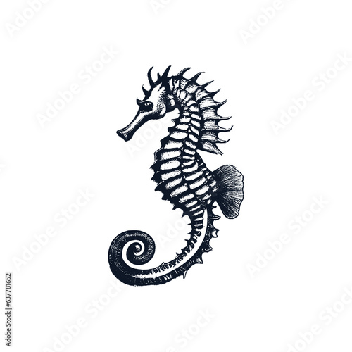 Sea Horse Aquatic Creature Hand Drawn Monochrome Sketch Vector Illustration