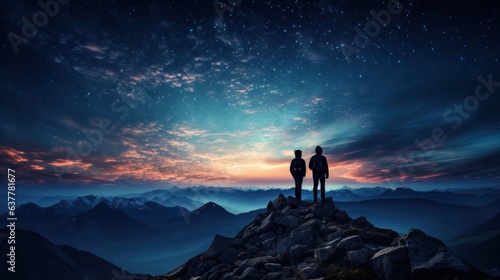 Silhouette of Travelers Standing on Top of the Mountain, Couple Observing the Stars in Night Sky, Young People Hiking Adventure. Generative Ai © CYBERUSS