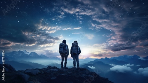 Silhouette of Travelers Standing on Top of the Mountain, Couple Observing the Stars in Night Sky, Young People Hiking Adventure. Generative Ai © CYBERUSS