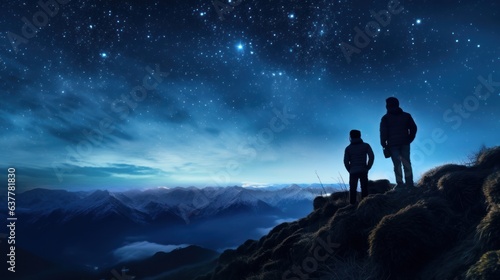 Silhouette of Travelers Standing on Top of the Mountain  Couple Observing the Stars in Night Sky  Young People Hiking Adventure. Generative Ai