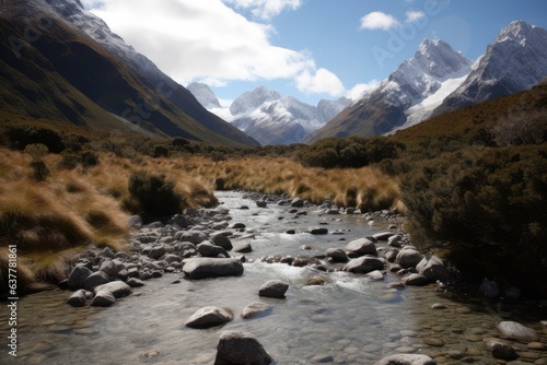 A picturesque valley with a tranquil stream and majestic mountains in the backdrop