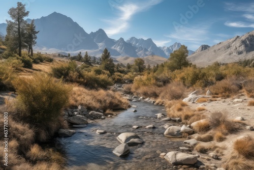 A serene landscape with a meandering stream flowing through a golden field of dry grass photo