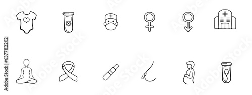 Motherhood line icon. Hospital, breastfeeding, test tube, pregnancy test, gender party. Vector black line icon on white background for Business