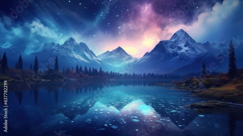 Beautiful Landscape Nature View Milky Way on the Sky  Mountain Lake Twilight Sky with Reflection Light on Water. Generative Ai