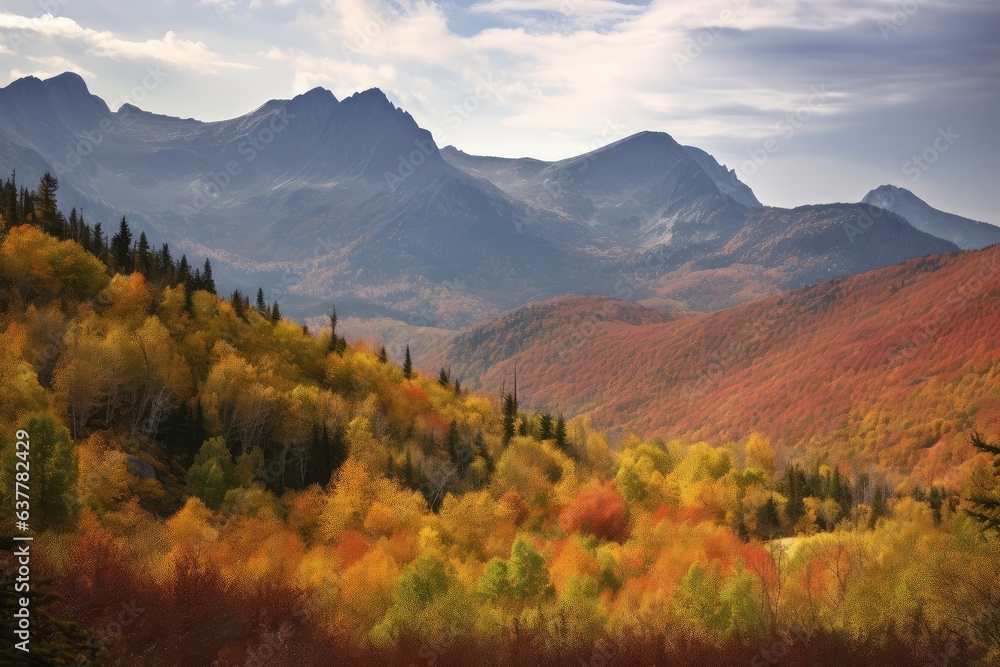 A breathtaking autumn landscape showcasing a majestic mountain range