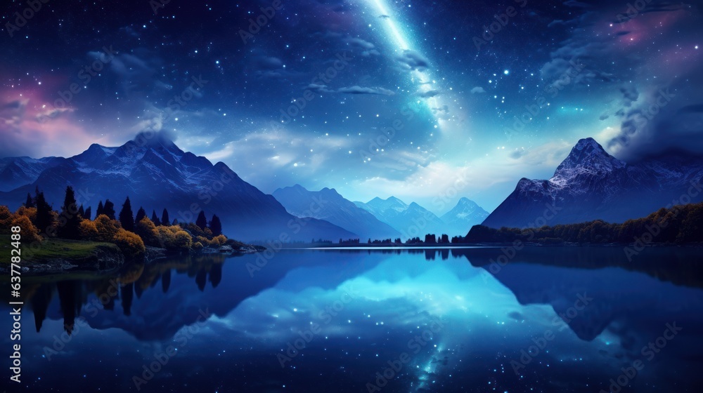 Beautiful Landscape Nature View Milky Way on the Sky, Mountain Lake Twilight Sky with Reflection Light on Water. Generative Ai