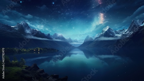 Beautiful Landscape Nature View Milky Way on the Sky, Mountain Lake Twilight Sky with Reflection Light on Water. Generative Ai
