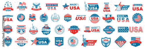 Made in USA logo or label set. US icon with American flag. Vector illustration.