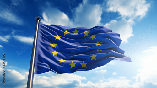 EU European Union flag waving on blue sky background