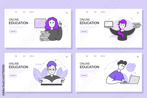 Smiling student is satisfied with studying online courses using laptop and books. Landing page template set. Vector illustration concept for online learning courses, business, seminars, trainings.