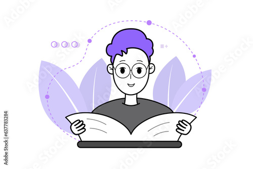 Smiling student reading a book with inspiration. Self-development concept, online learning, trainings, business courses. Modern flat design. Vector illustration.