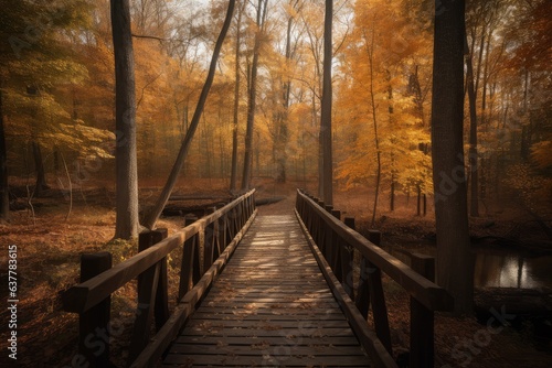 A serene wooden bridge surrounded by lush greenery in a peaceful forest setting