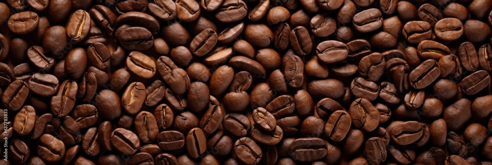Fototapeta premium Roasted Coffee beans background, texture and copy spase, panorama top view.