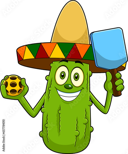 Mexican Pickle Cartoon Character Holding A Pickleball Ball And Paddle Racket. Vector Hand Drawn Illustration Isolated On Transparent Background
