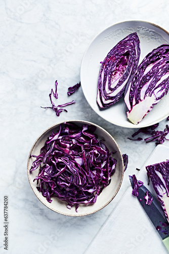 Red cabbage, partially chopped. Top view. Copy space. Healthy food ingredients