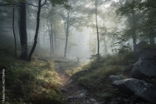 A misty forest with rocky terrain and towering trees