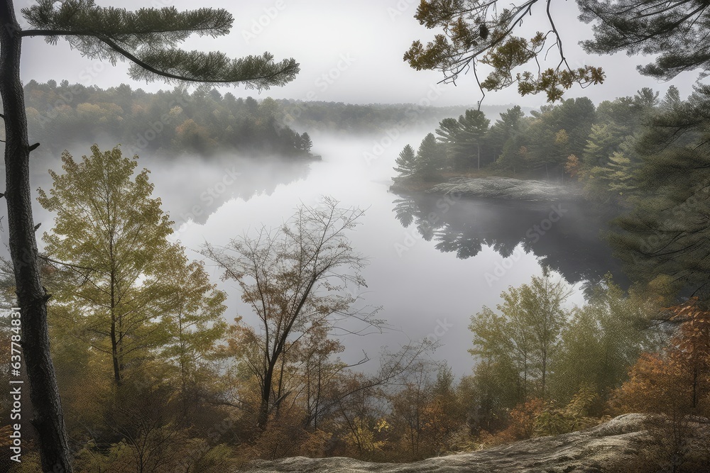 A serene lake enveloped in a mystical fog among towering trees and rugged rocks A serene lake enveloped in a mystical fog among towering trees and rugged rocks
