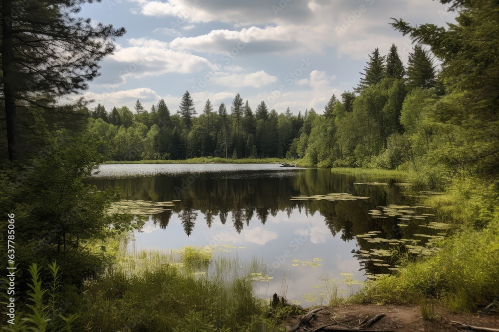 Obraz premium A serene lake nestled among lush greenery