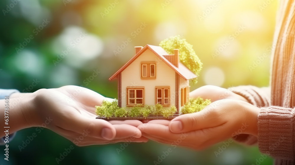 Home in the hands of a happy family and real estate investment and housing architecture, and banking concept nature background Home in the hands of a happy family and real estate investment and housing architecture, and banking concept nature background