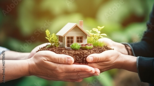 Home in the hands of a happy family and real estate investment and housing architecture, and banking concept nature background