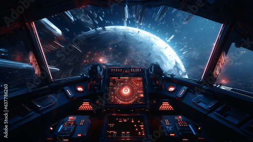 Futuristic view from spaceship cockpit control board