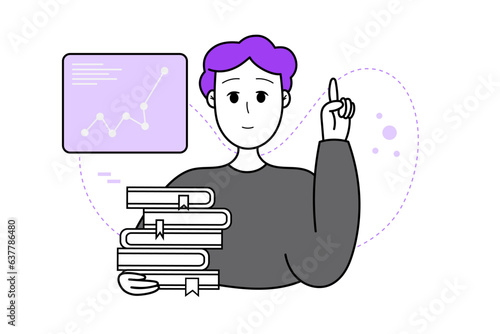 Smiling young man holding books. Vector illustration concept of online learning courses, self-development, business.